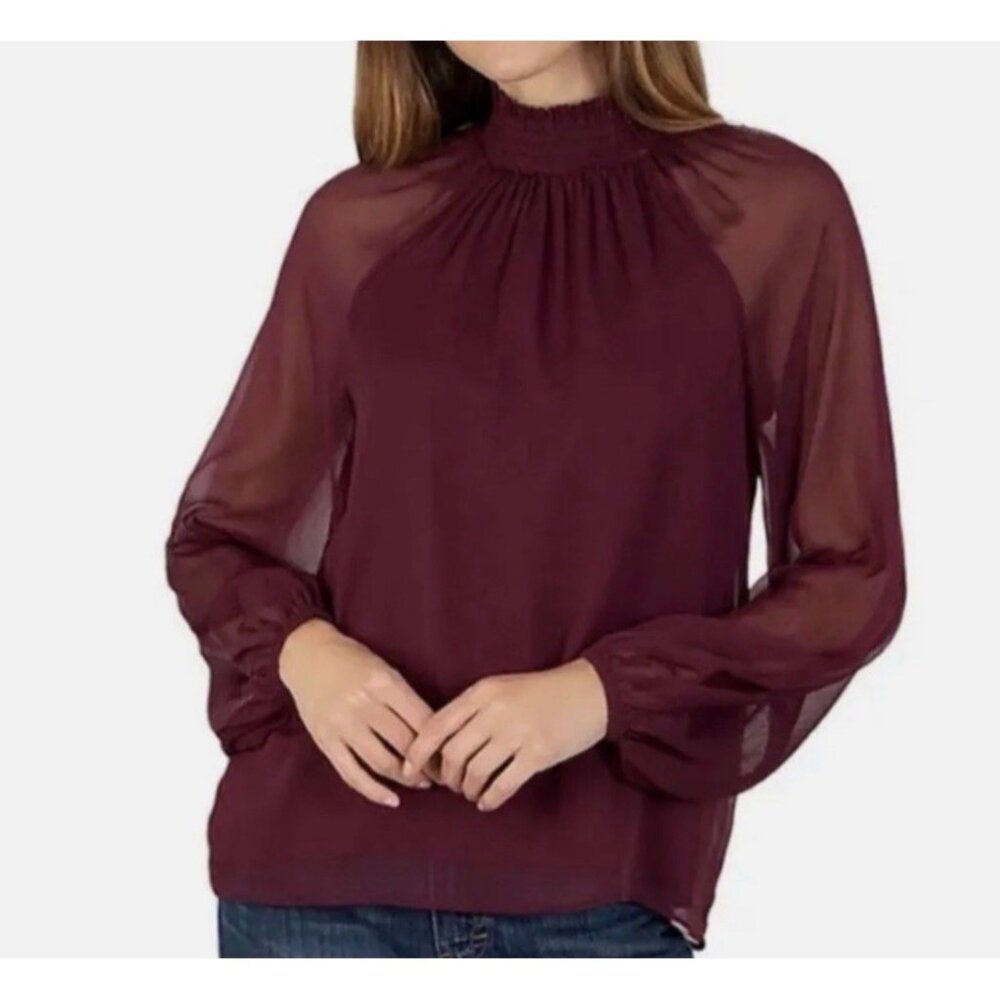 $278 Joie Deep Wine Balloon Long Sleeve Smocked Neck Blouse‎ Sz XXL Boho Chiffon